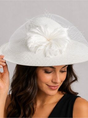 Bellissimo White Wide Brim Dress Hat with Feather Flower Accent Church Wedding